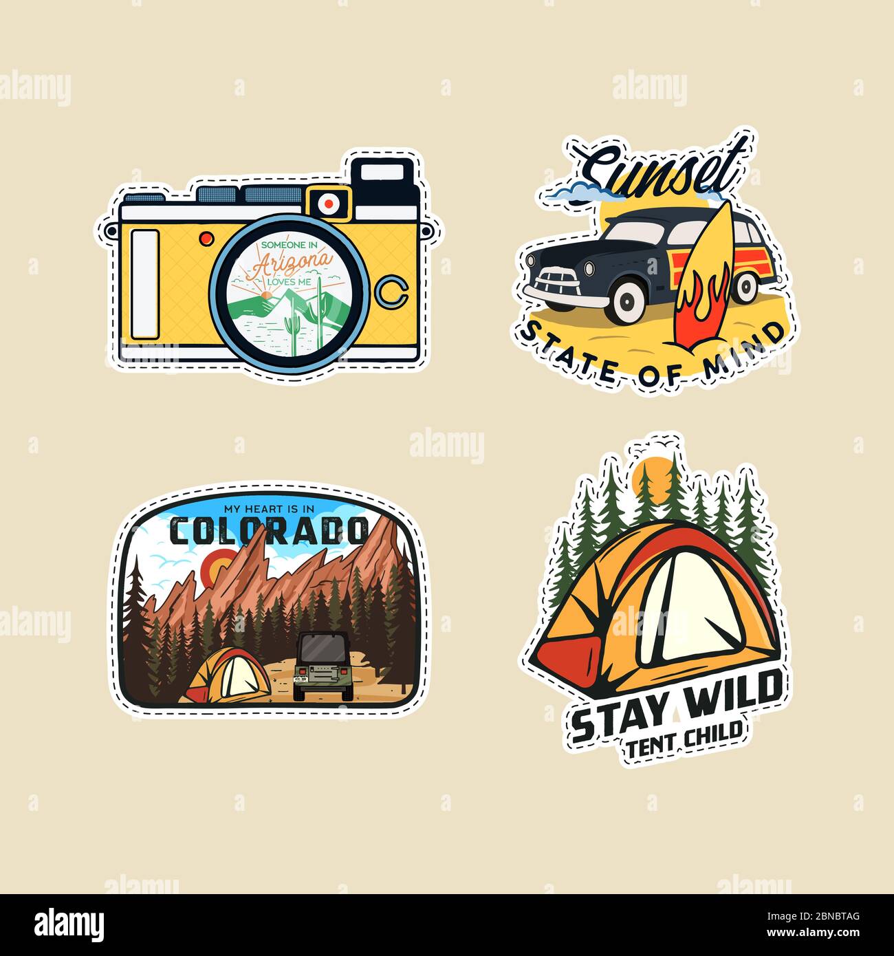 Vintage camp patches logos, mountain badges set. Hand drawn stickers designs. Summer vacation labels. Outdoor hiking emblems. Logotypes collection Stock Vector