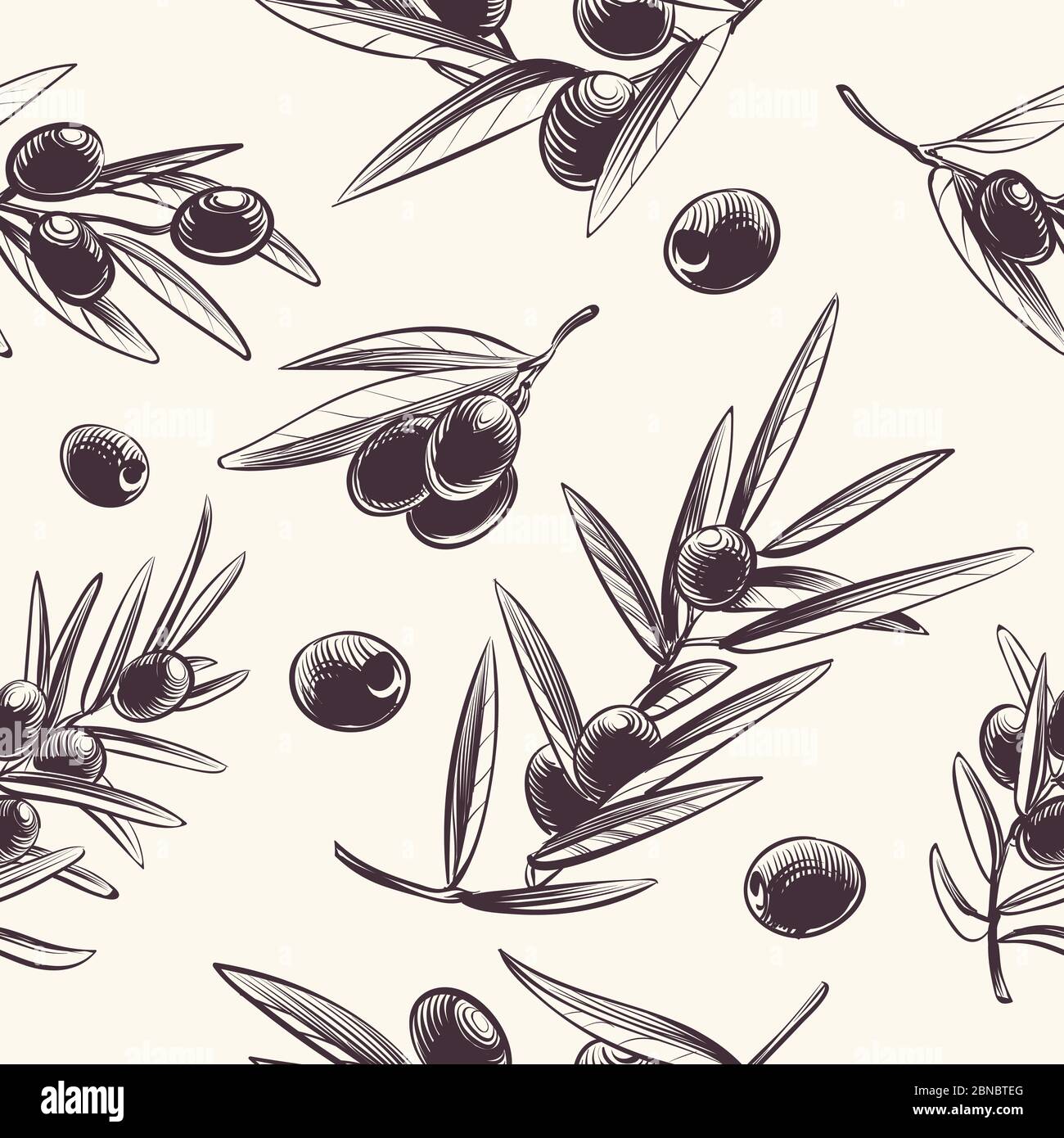 Olive branches seamless pattern. Mediterranean olives branching texture. Botanical italian food vector repeating dressing wrapper. Illustration of olive mediterranean branch plant seamless pattern Stock Vector