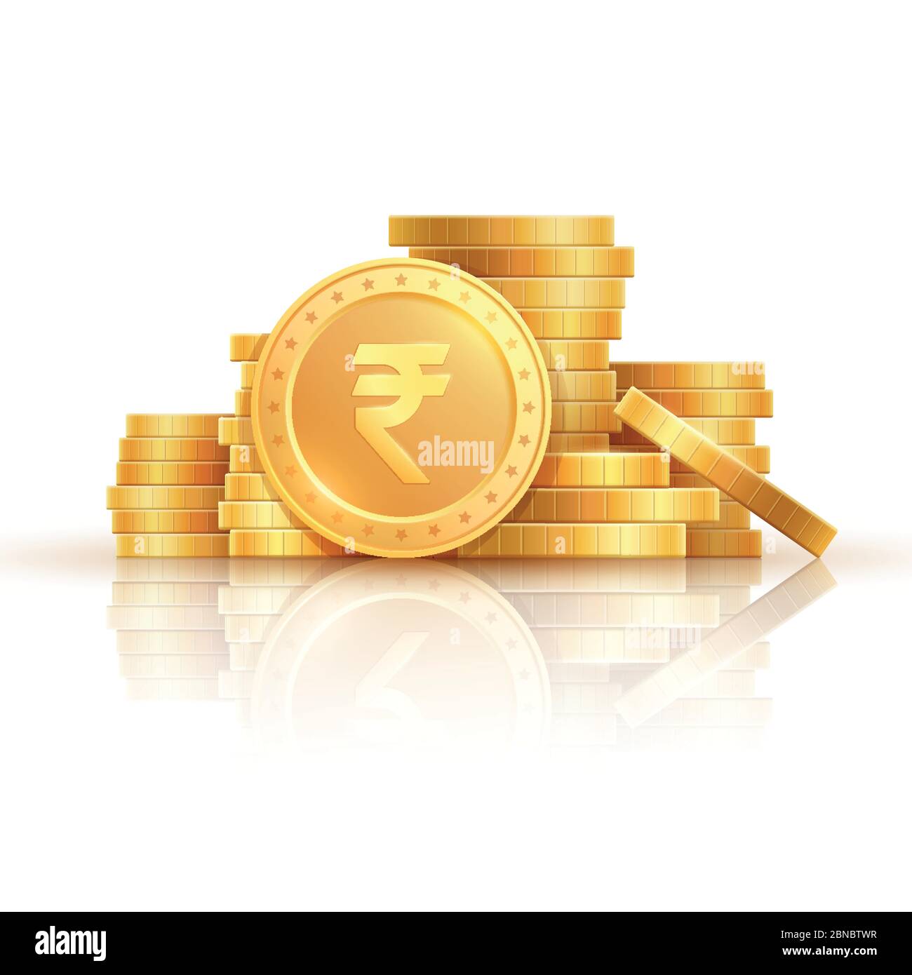 Gold rupee coins. Indian money, stacked golden coins. Rupee cash, currency isolated on white background vector icons. Money gold currency, cash wealth golden rupee illustration Stock Vector