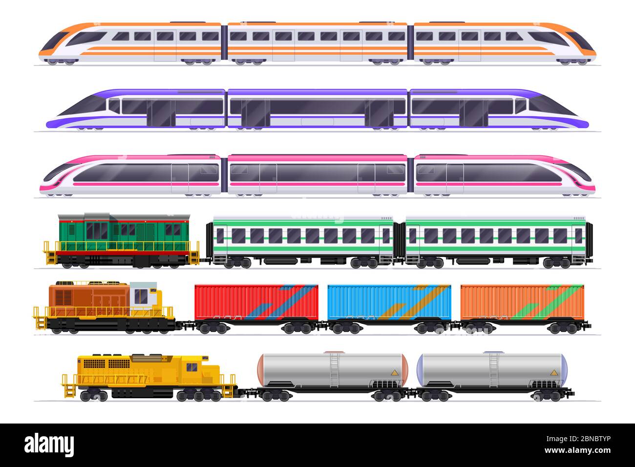 Trains set. Passenger and freight train with wagons. Vector railway transportation isolated on white background. Railway transport passenge and cargo freight, electricity type illustration Stock Vector