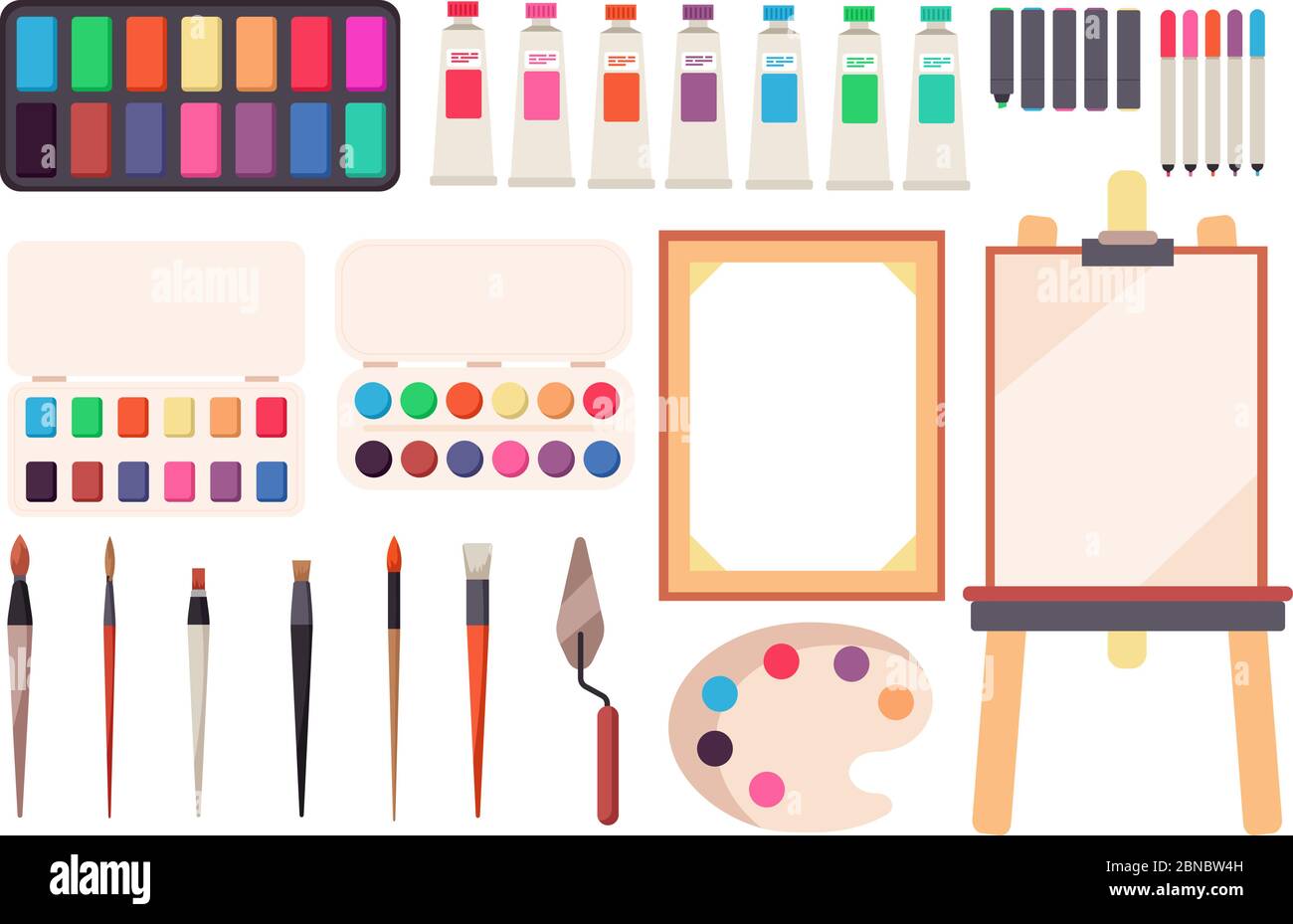 Painting tools. Cartoon paintbrush and canvas, easel and paints. Watercolor palette. Artistic vector set of easel and paint for drawing illustration Stock Vector