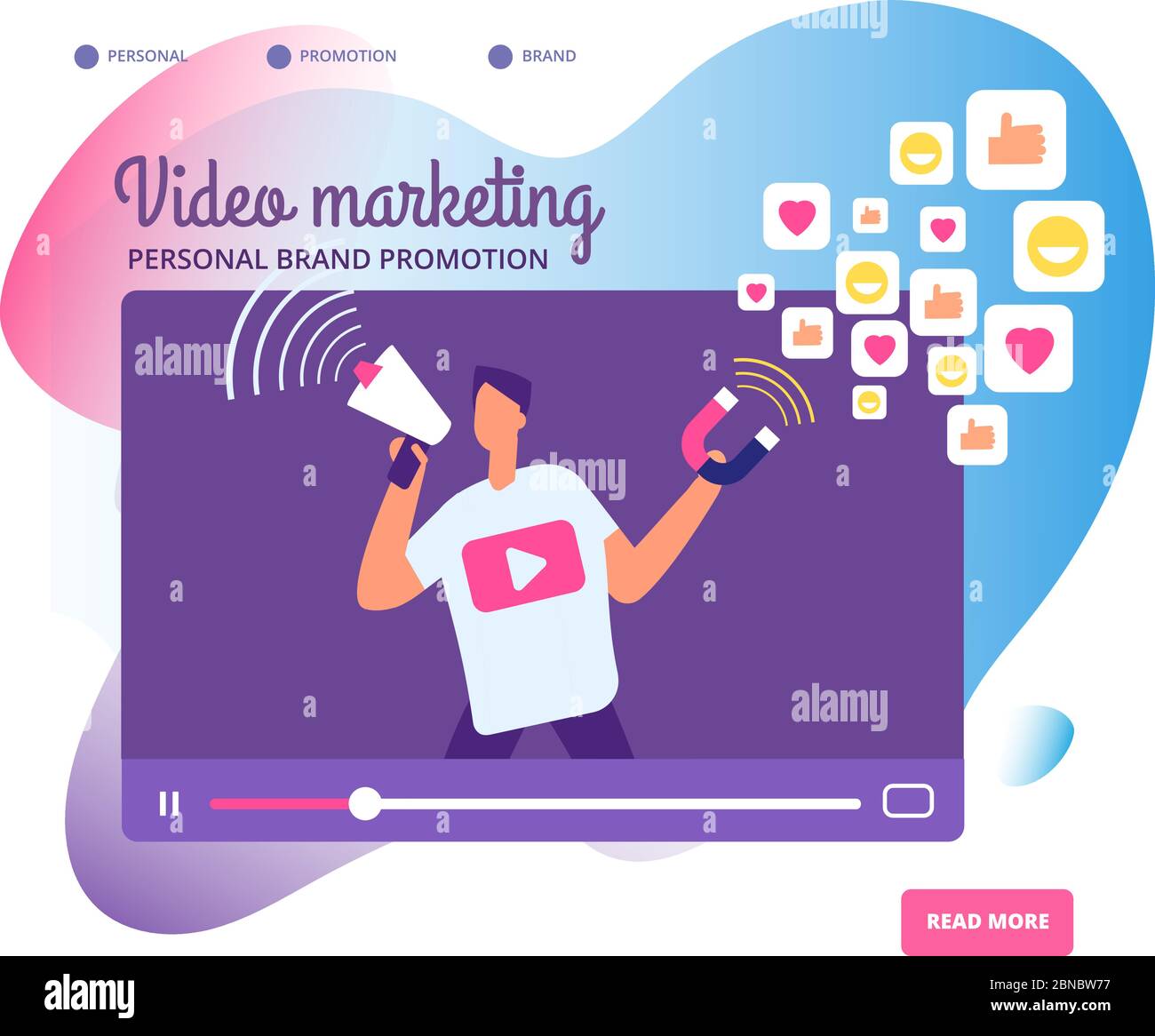 Viral video marketing. Personal brand promotion, social network communication and influencers videos market vector concept illustration. Illustration of viral advertising social marketing promotion Stock Vector