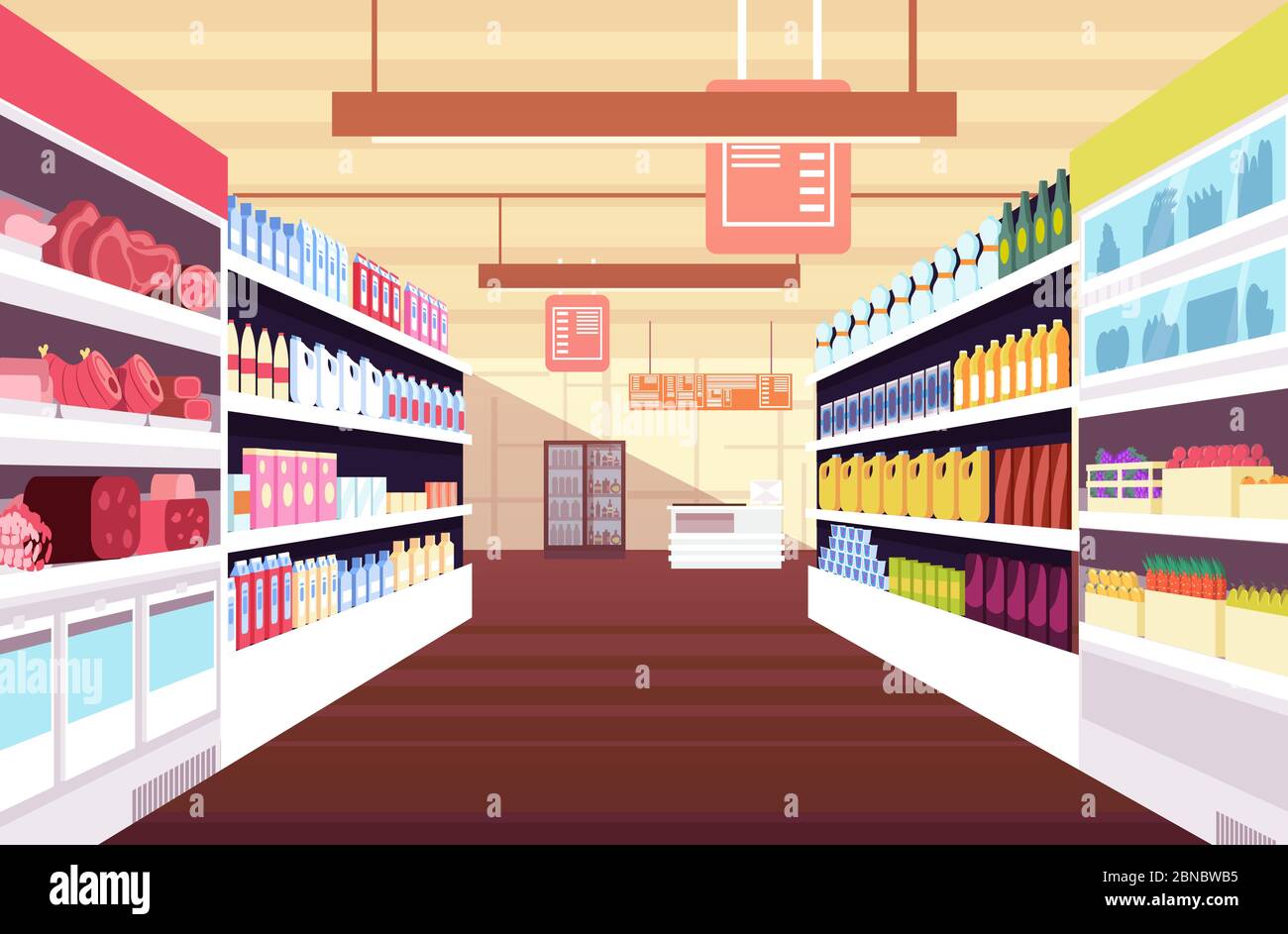 Grocery supermarket interior with full product shelves. Retail and consumerism vector concept. Illustration of supermarket and shop, grocery interior Stock Vector