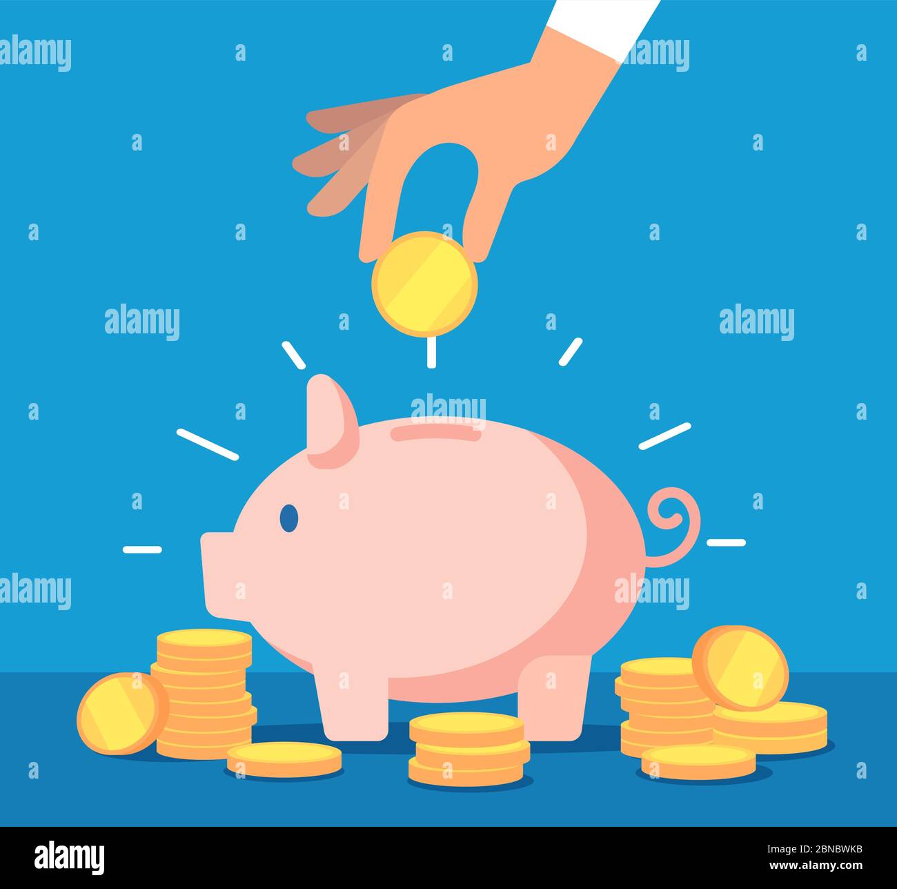 Piggy bank. Money box with falling gold coins. Deposit banking account and cash vector business concept. Illustration of savings dollar, piggybank and moneybox investing Stock Vector