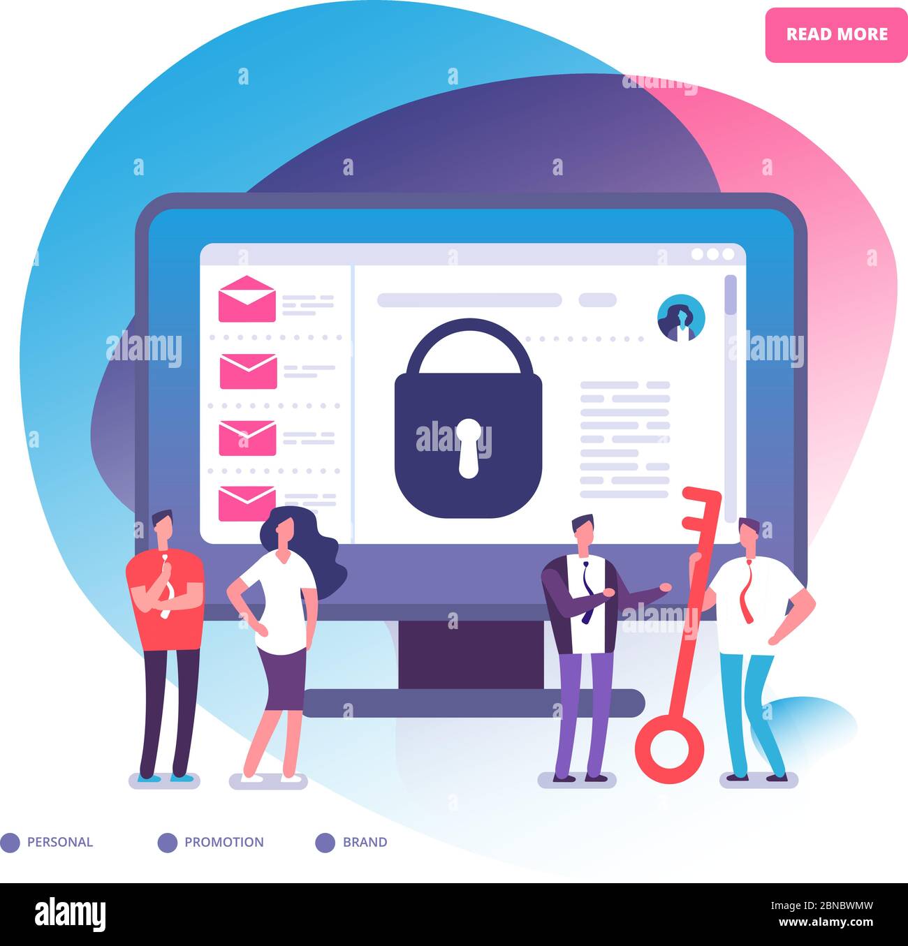 Email encryption. Internet data protection, business assets security system. Email encrypted and online backup service vector concept. Computer security and protection, network email illustration Stock Vector