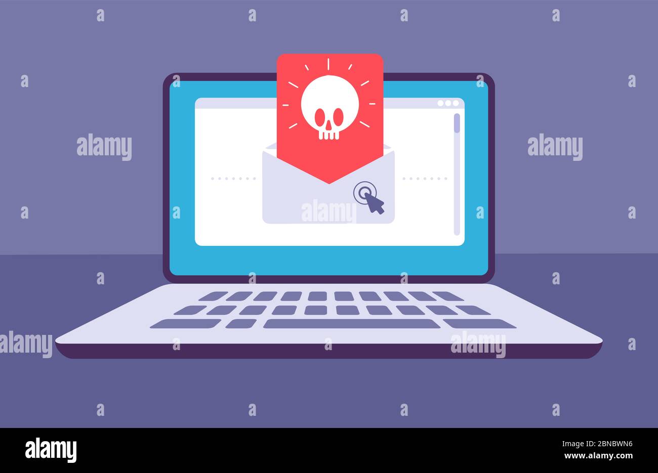 Email virus. Envelope with malware message with skull on laptop screen. E-mail spam, phishing scam and hacker attack vector concept. Spam threat on laptop, virus online malware illustration Stock Vector