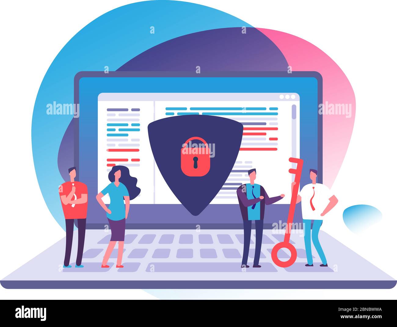 Application data protection. Exposed access code security, website and internet safety and online privacy vector concept. Security and protection laptop data illustration Stock Vector