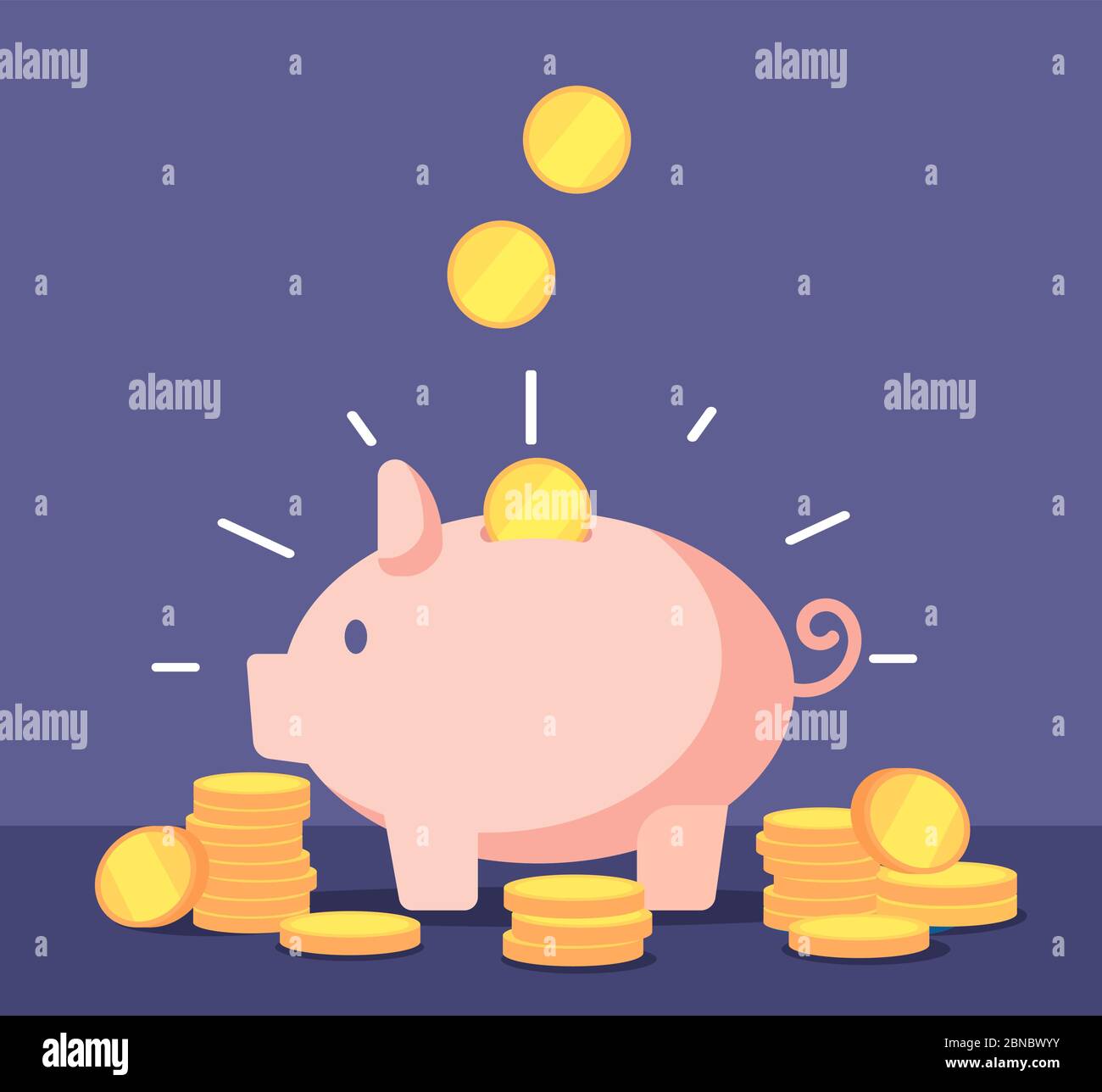 Piggy bank with golden coins. Save money deposit banking and investment vector concept with money box. Illustration of piggy deposit, finance bank and investment Stock Vector