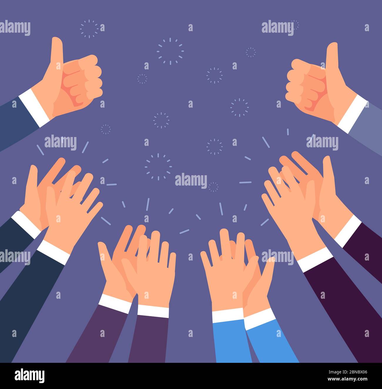 Hands clapping. Thumbs up and applause gestures. Congratulation, appreciation and business success vector concept. Illustration of people support and like thumb, up, applause hand Stock Vector