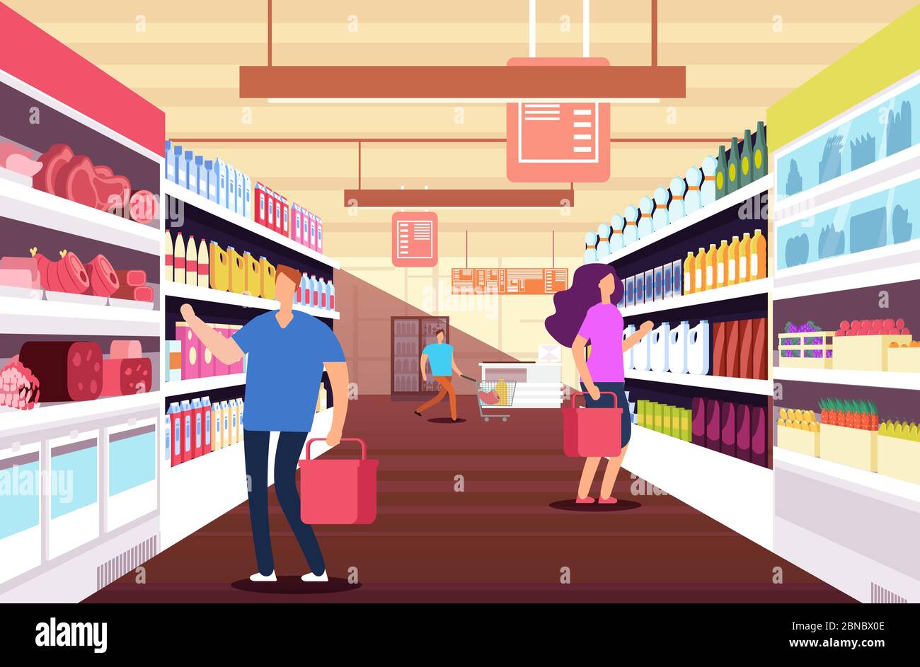 Shopping people in hypermarket. Customers between food product shelves. Retail and discount sales vector concept Hypermarket store, retail supermarket, grocery and market with customer illustration Stock Vector
