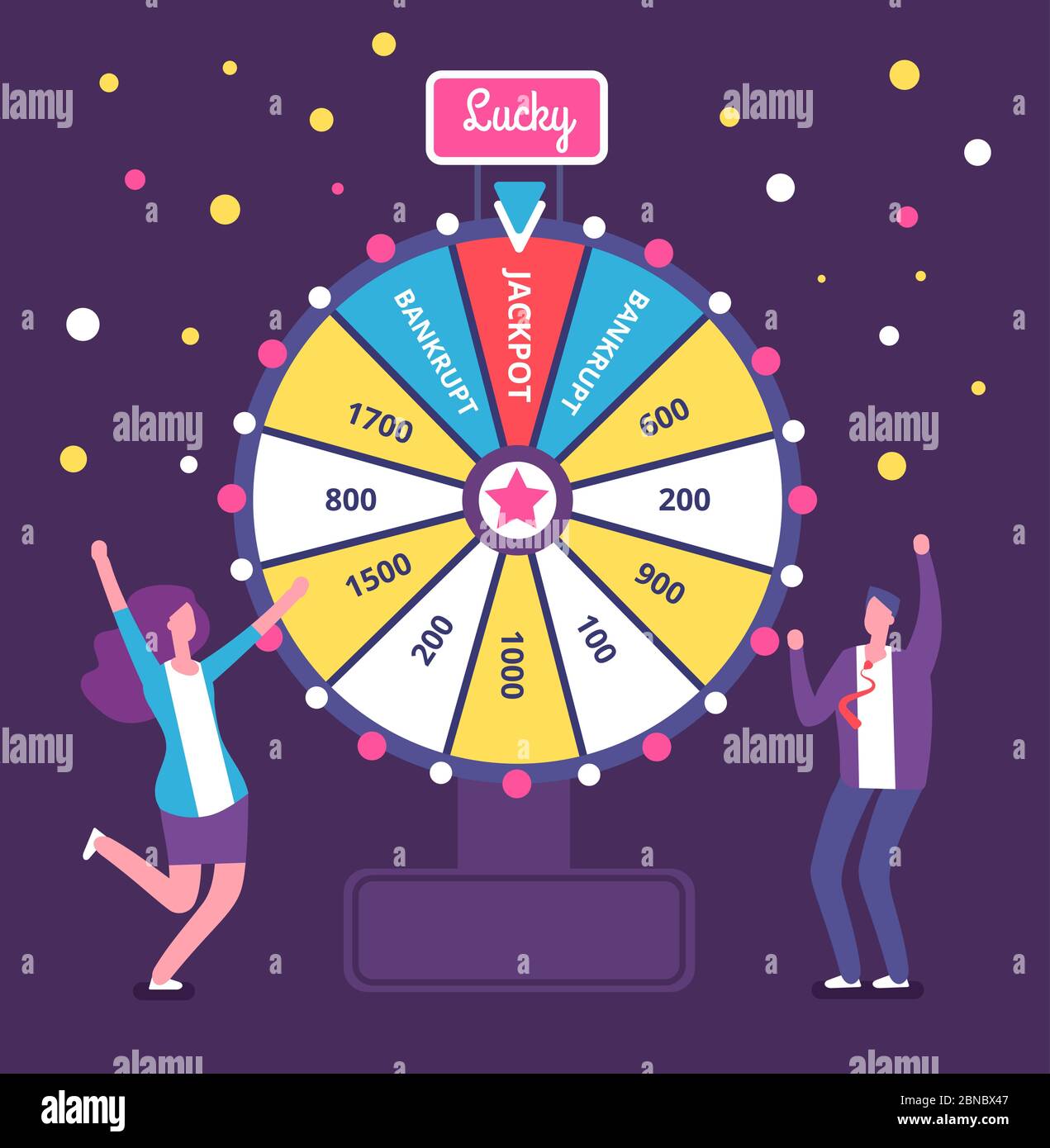 Fortune wheel with people. Man and woman spinning roulette wheel. Risk game and casino lottery vector concept. Illustration of winner people woman and man in casino Stock Vector