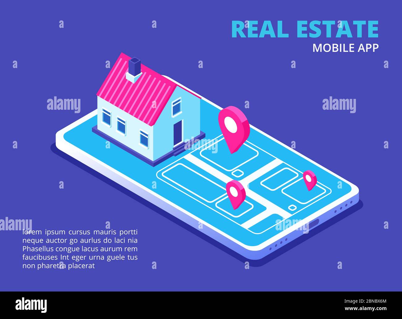 Real estate mobile app. Isometric house on cellphone screen. Search house technology for phone application. Vector concept. Illustration of building home on mobile screen isometric Stock Vector