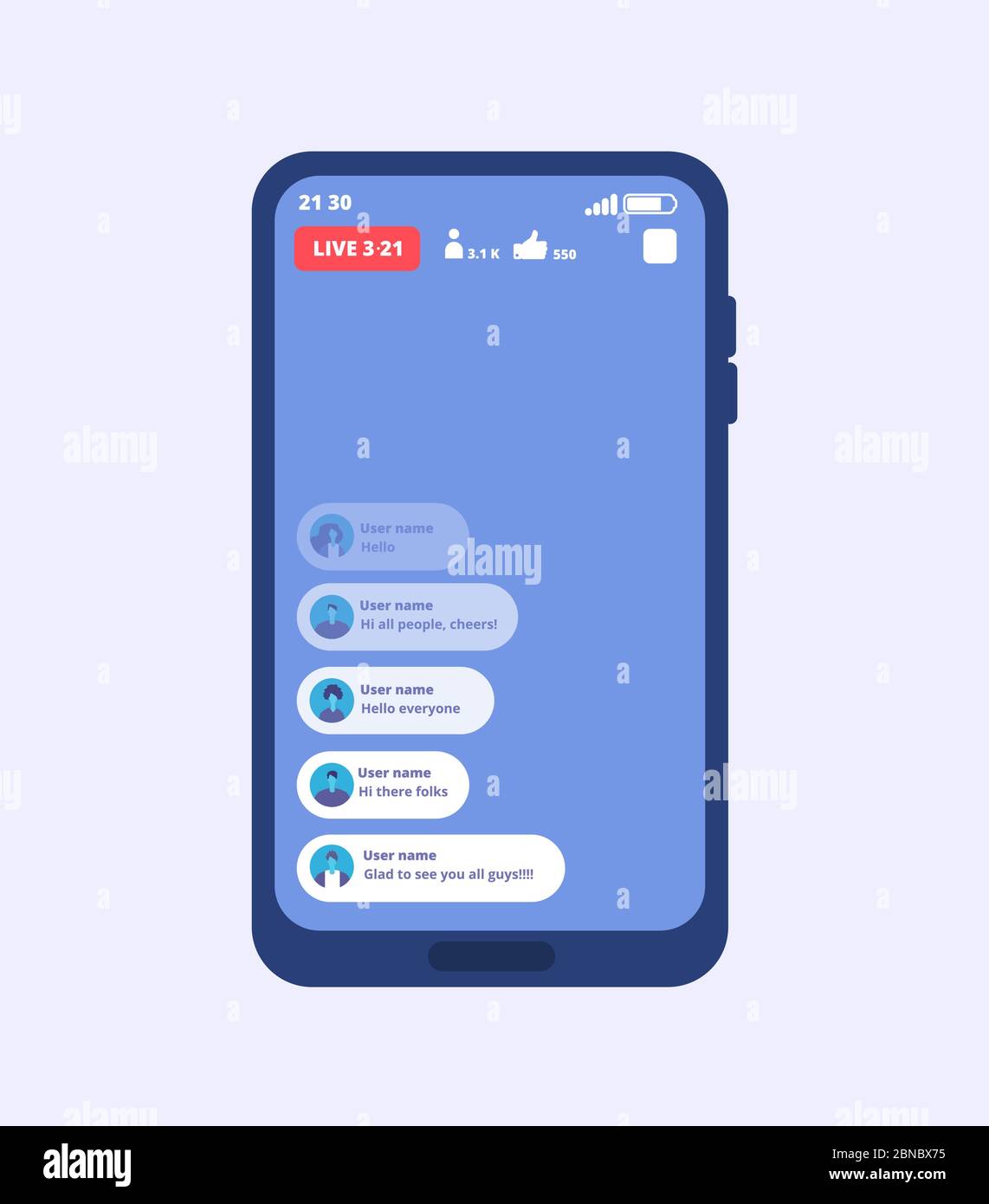 Smartphone live video stream. Streaming videos on cellphone with ui inspired by facebook. Vector template video broadcast, play multimedia stream, online smartphone stream illustration Stock Vector