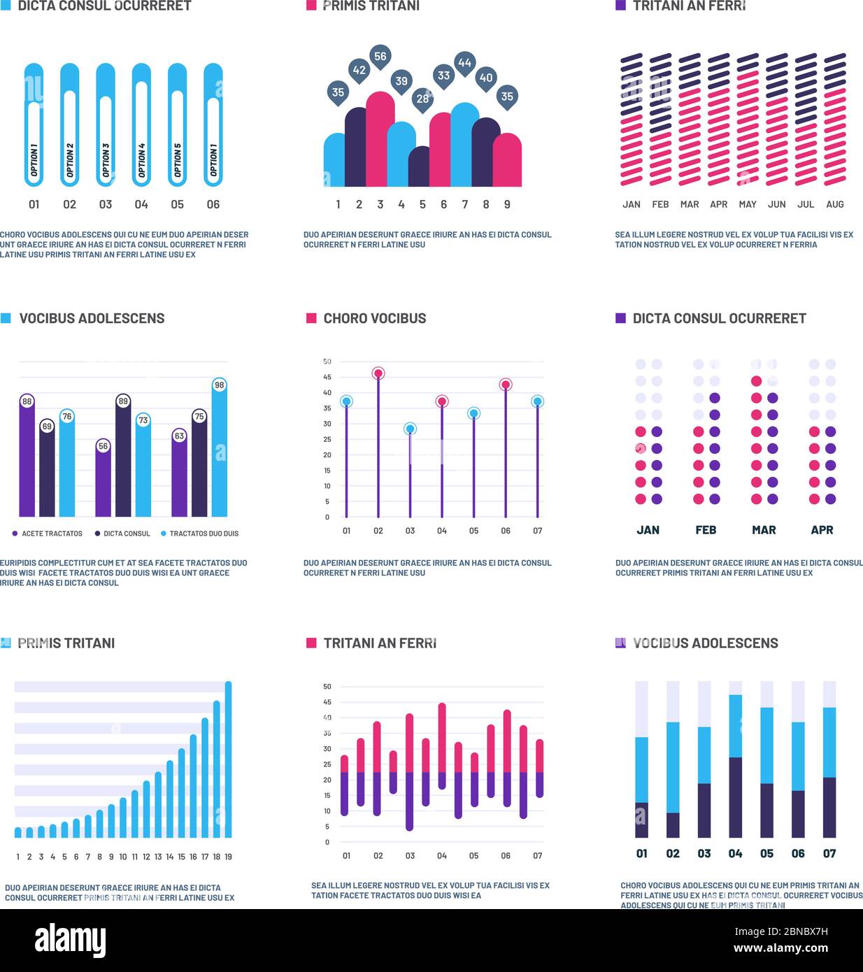 Infographics. Marketing graphs financial histogram, bar chart. Statistic charts and stock infocharts. Infographic vector set. Business chart for presentation, data and graph diagram illustration Stock Vector