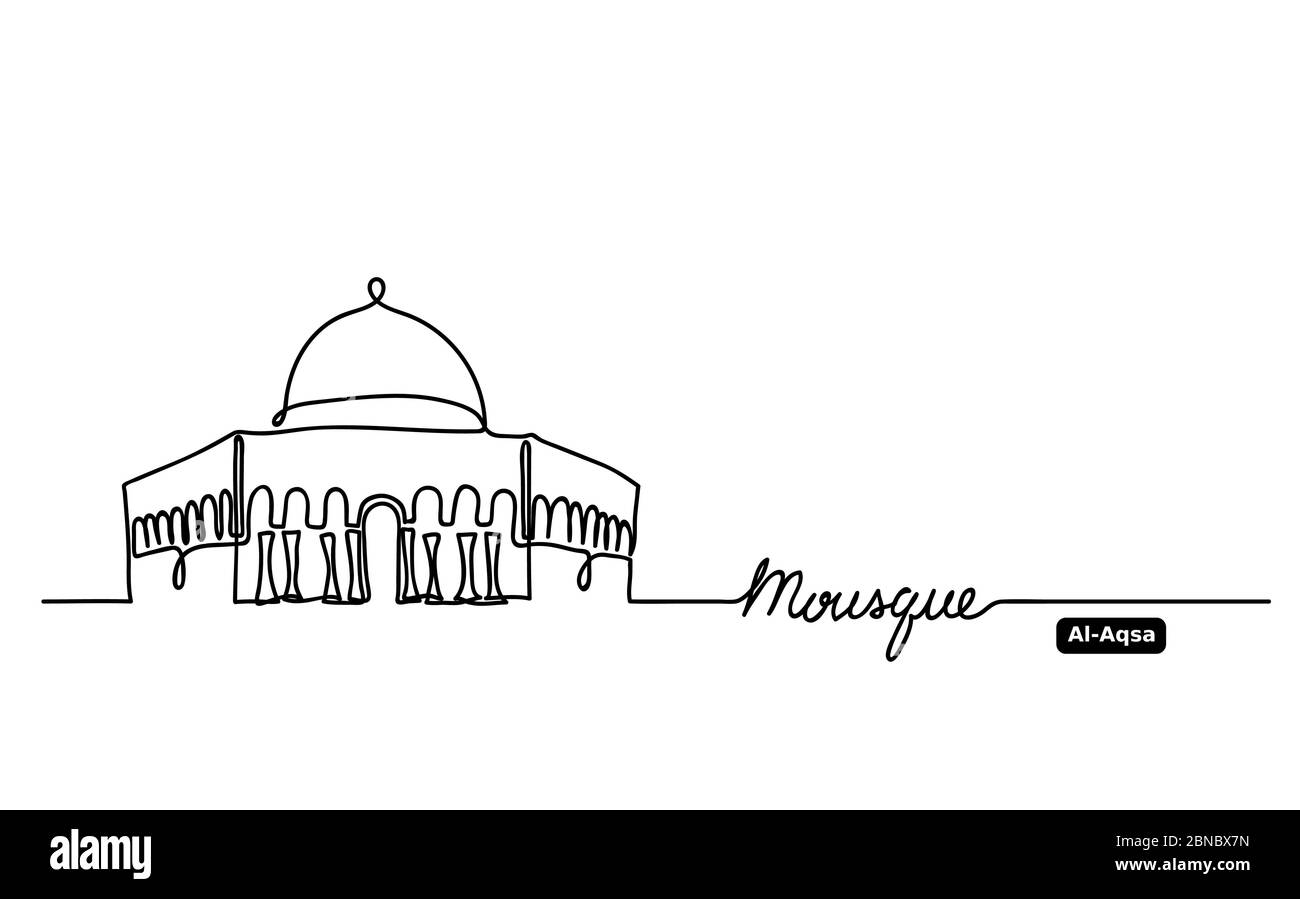 Al-Aqsa, Dome on Rock Mosque hand drawn vector outline, sketch. One, continuous line drawing contour, outline with lettering Mosque Stock Vector