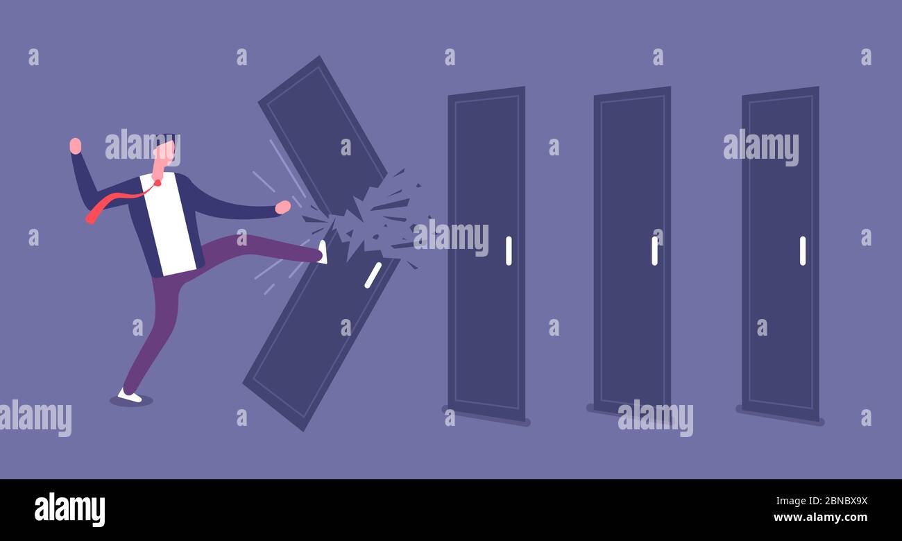 Breaking door. Powerful businessman overcomes barriers, roadblock. Brute force and challenge vector concept. Illustration of businessman break door, ability and triumph Stock Vector