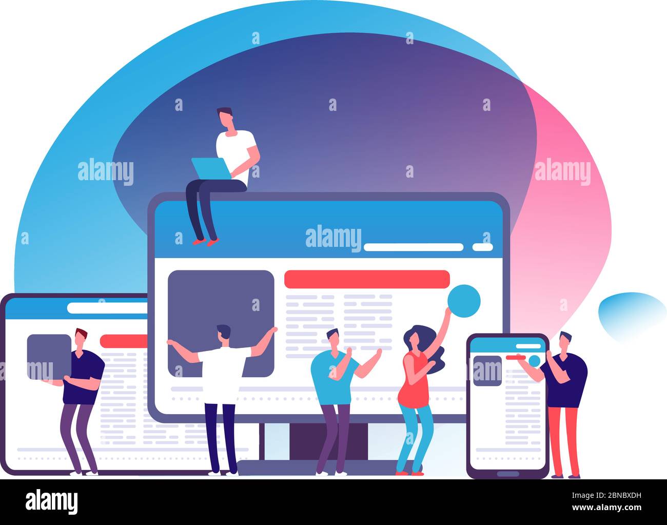 Responsive design vector concept. People creating responsive web application with tablet and phone, laptop and computer display. Illustration of app design responsive build Stock Vector