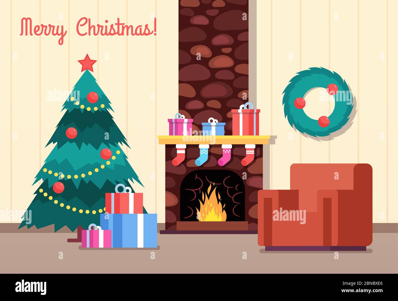 Christmas tree and fireplace. Living room with gifts on fireplace. Happy new year and winter holiday vector cartoon greeting card. Illustration of living room christmas with gift box and fireplace Stock Vector
