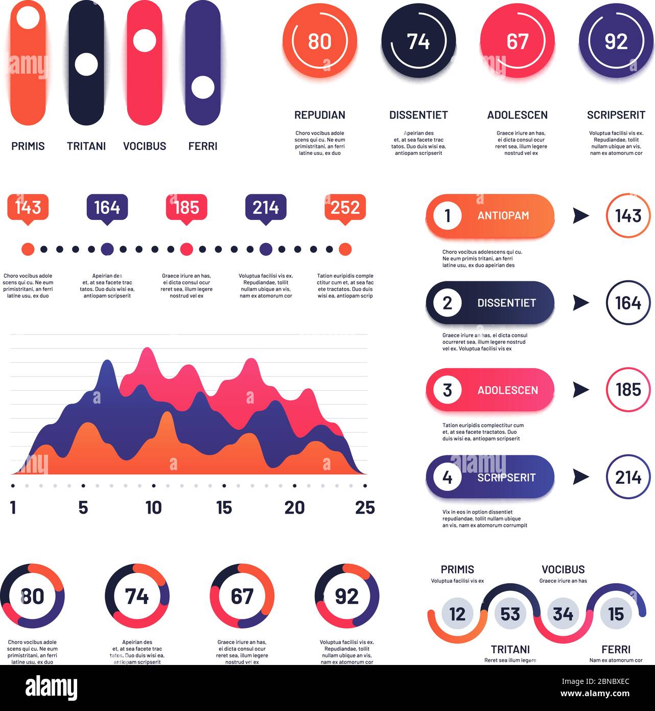 Infographic. Multipurpose economic charts marketing graphs, process table, corporate timeline and flowchart infographics vector project. Illustration of business diagram and chart, timeline steps Stock Vector