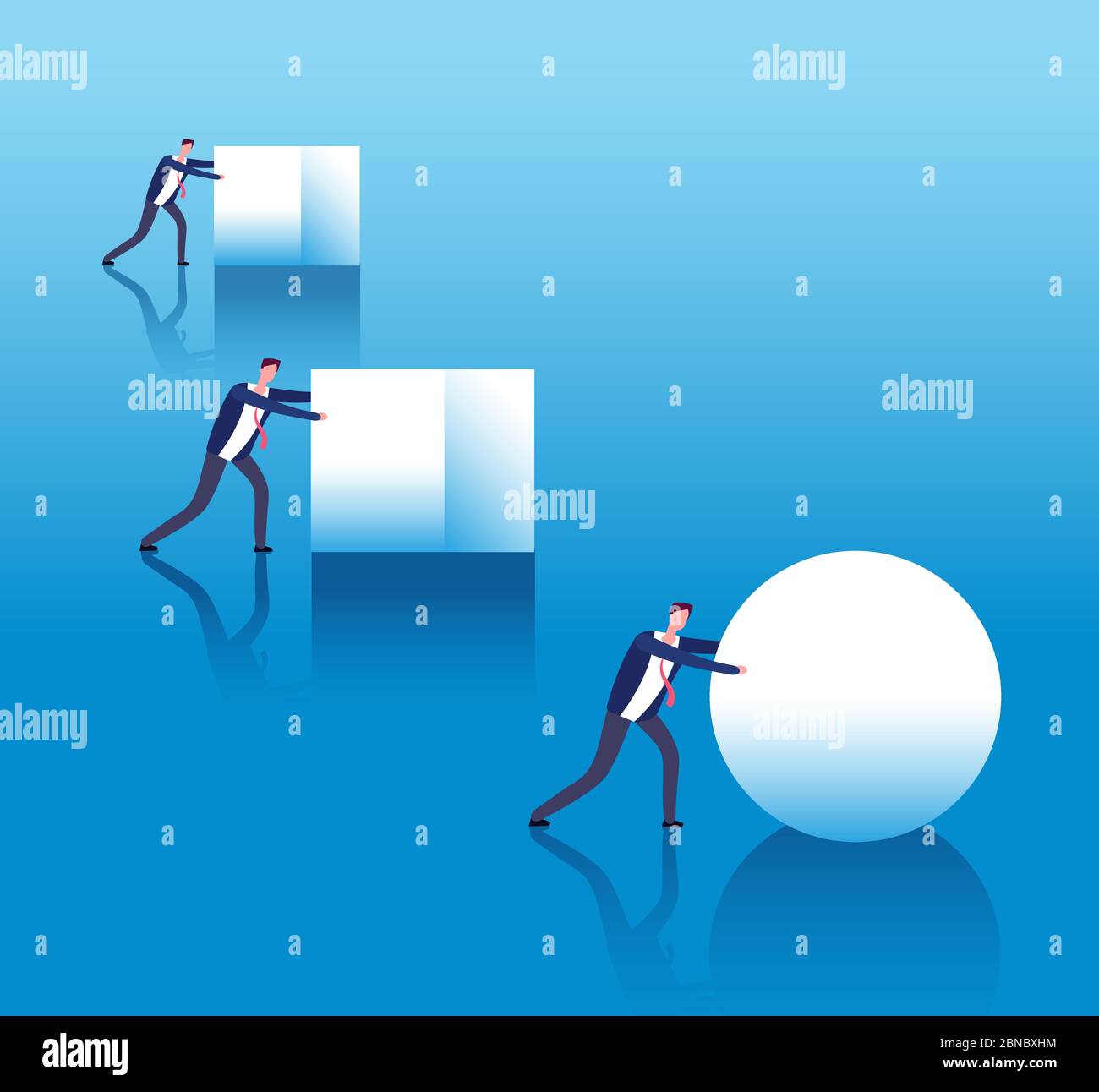 Business efficient concept. Businessmen push boxes and smart leader rolls ball. Business innovation and strategy thinking vector poster. Illustration of efficiency work and performance Stock Vector