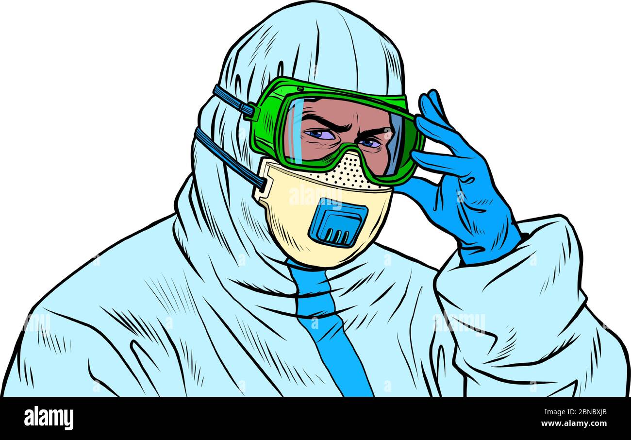 A doctor in a full protective suit during an epidemic. Mask and gloves Stock Vector