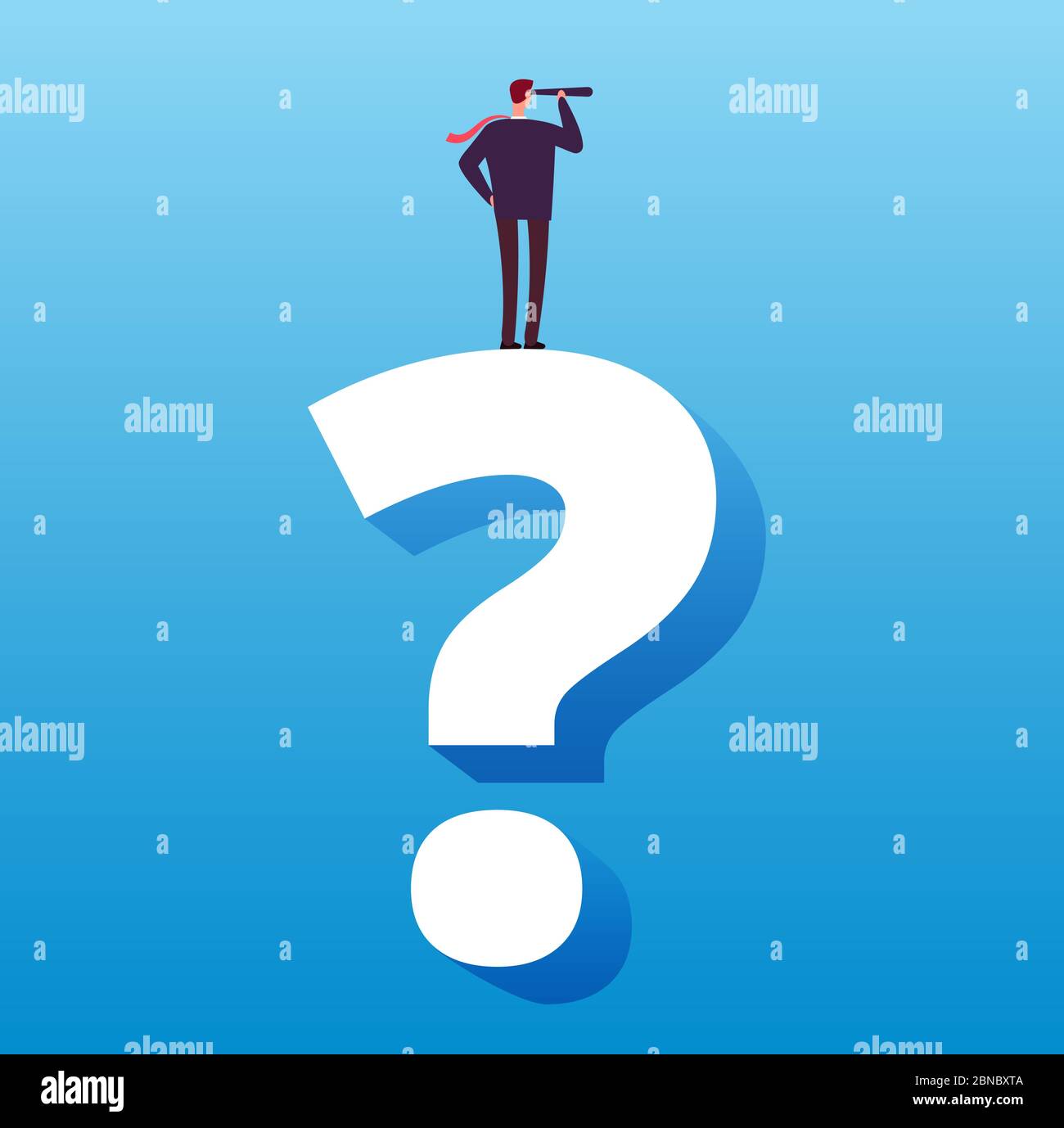 Businessman and question mark. Future decision, strategy choice and business challenge vector concept. Businessman search problem decision illustration Stock Vector