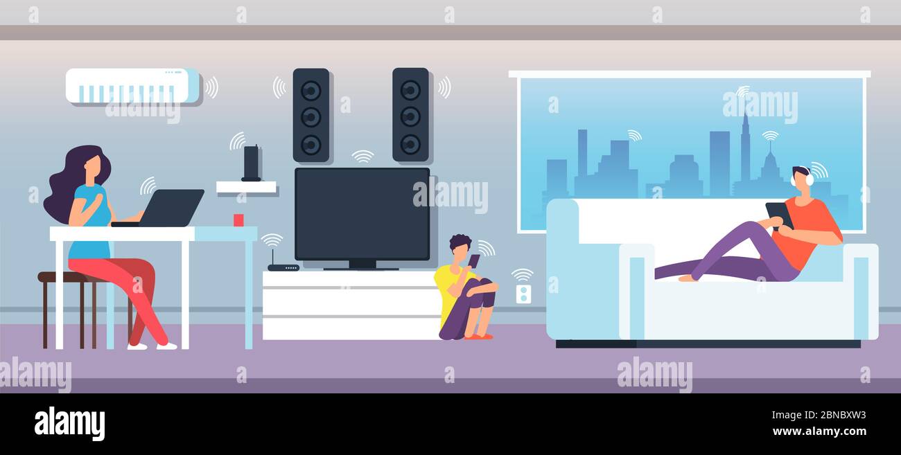 Electromagnetic field in home. People under EMF waves from appliances and devices. Electromagnetic pollution vector concept. Illustration of smart network communication wifi digital Stock Vector