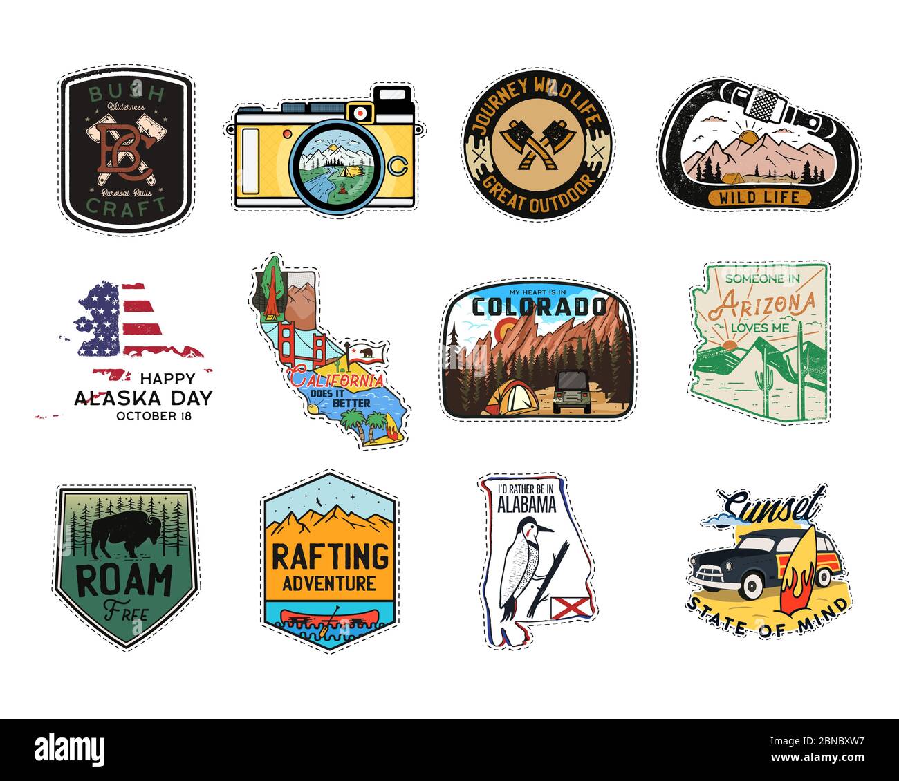 Vintage camp patches logos, mountain badges set. Hand drawn stickers