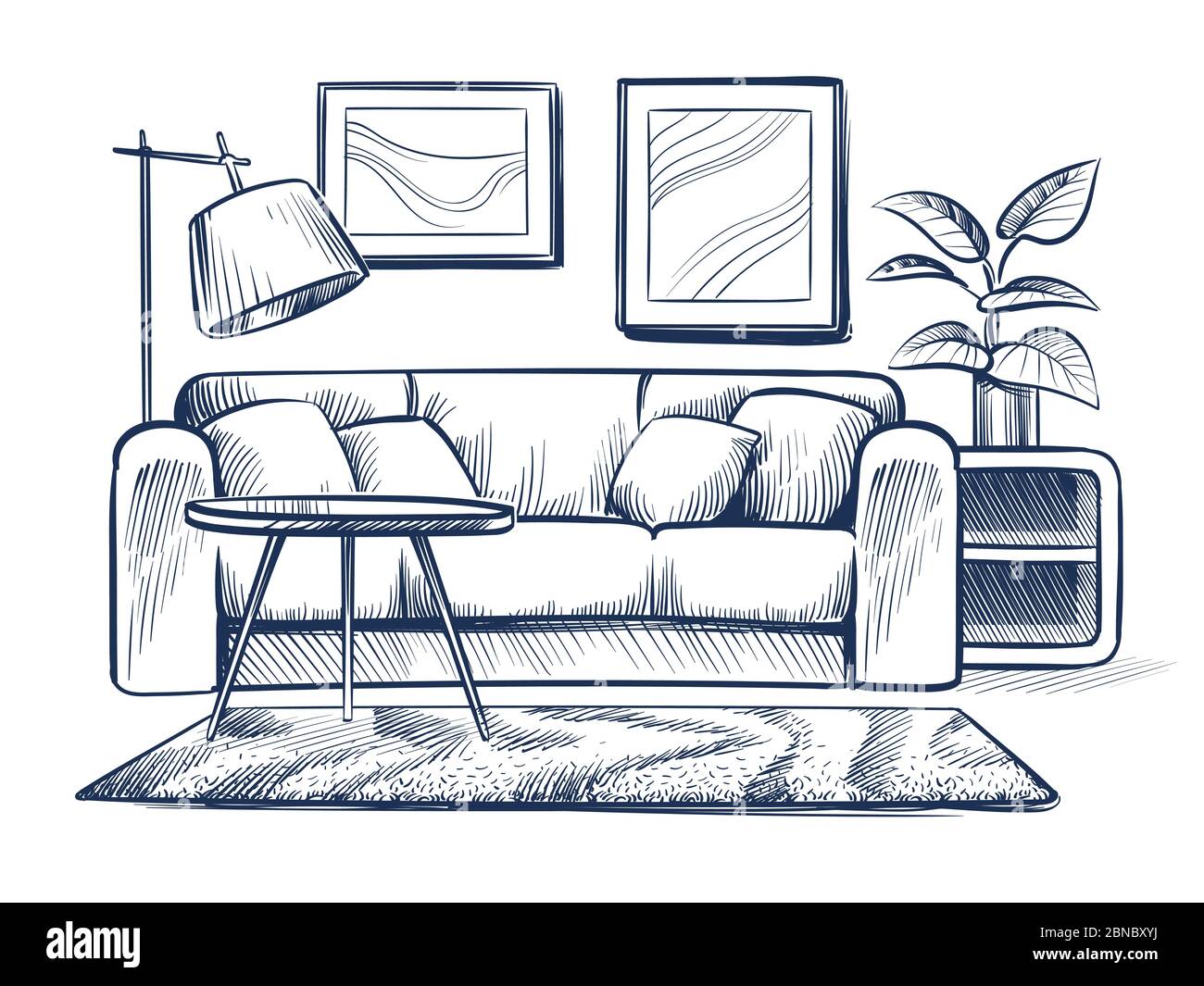 Sketch living room. Doodle house interior with couch, lamp and picture frames. Freehand drawing home black and white vector interior. Illustration of sketch room with furniture interior Stock Vector
