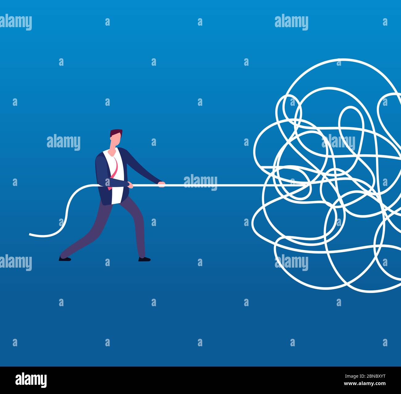 Businessman unraveling tangled rope. Difficult problem, chaos and mess vector business concept. Illustration of businessman with problem, solution and tangled cable Stock Vector