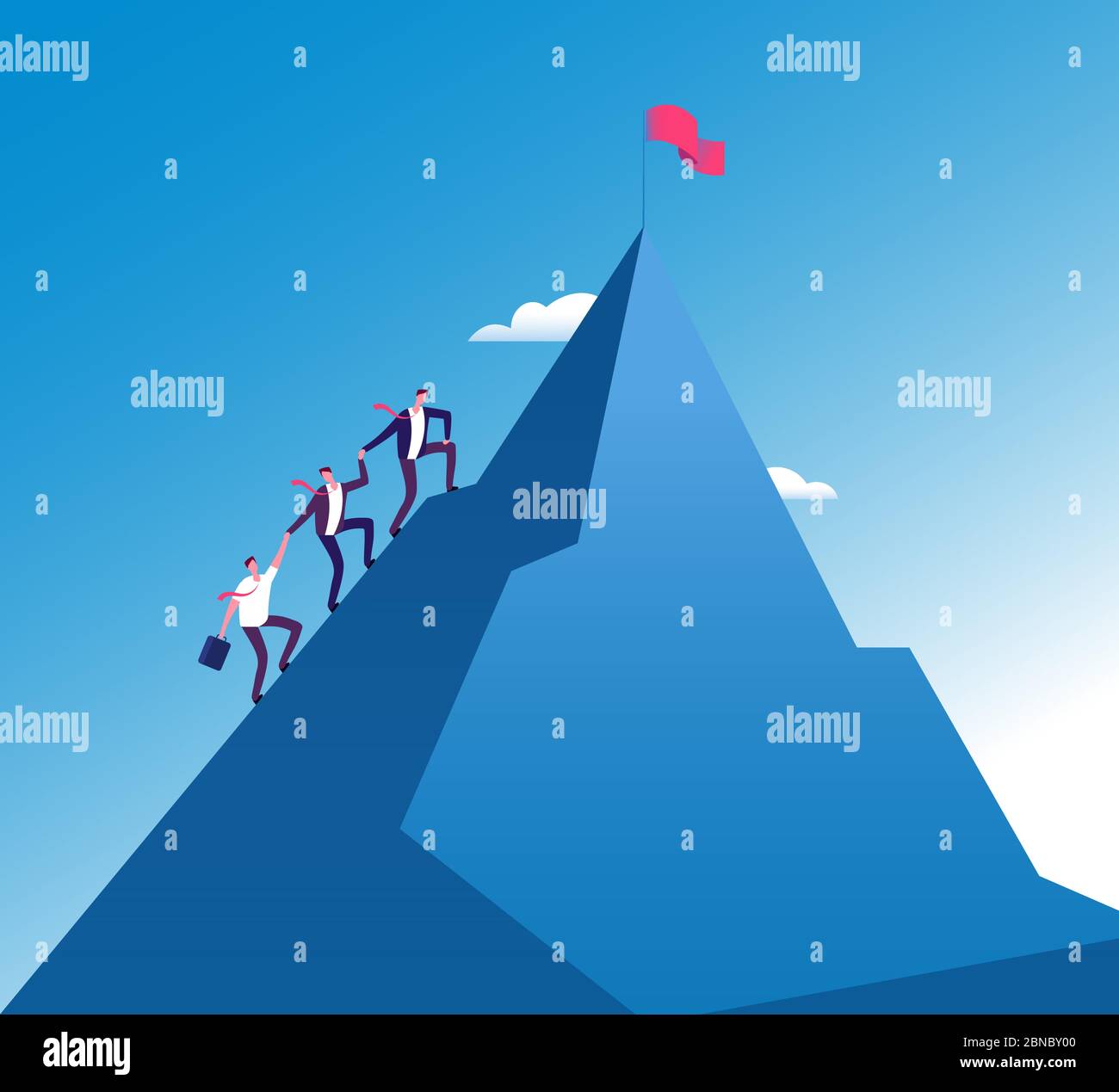 Businessmen climb mountain. Success teamwork corporate growth, mission achievement vector concept. Illustration of leadership and team climb to top mountain Stock Vector