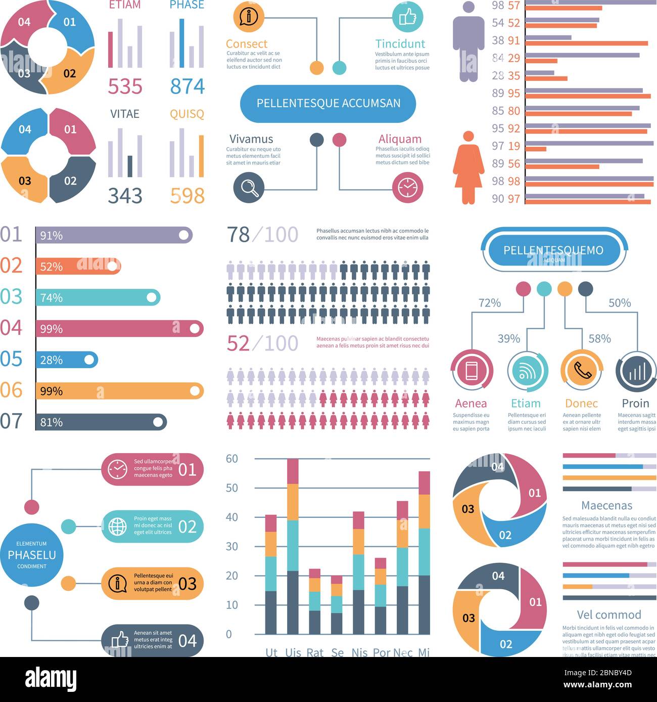 Infographic graphs. Business chart process infochart diagram option flowchart with people icons. Vector financial infographics elements. Illustration of flowchart process, graph and diagram Stock Vector