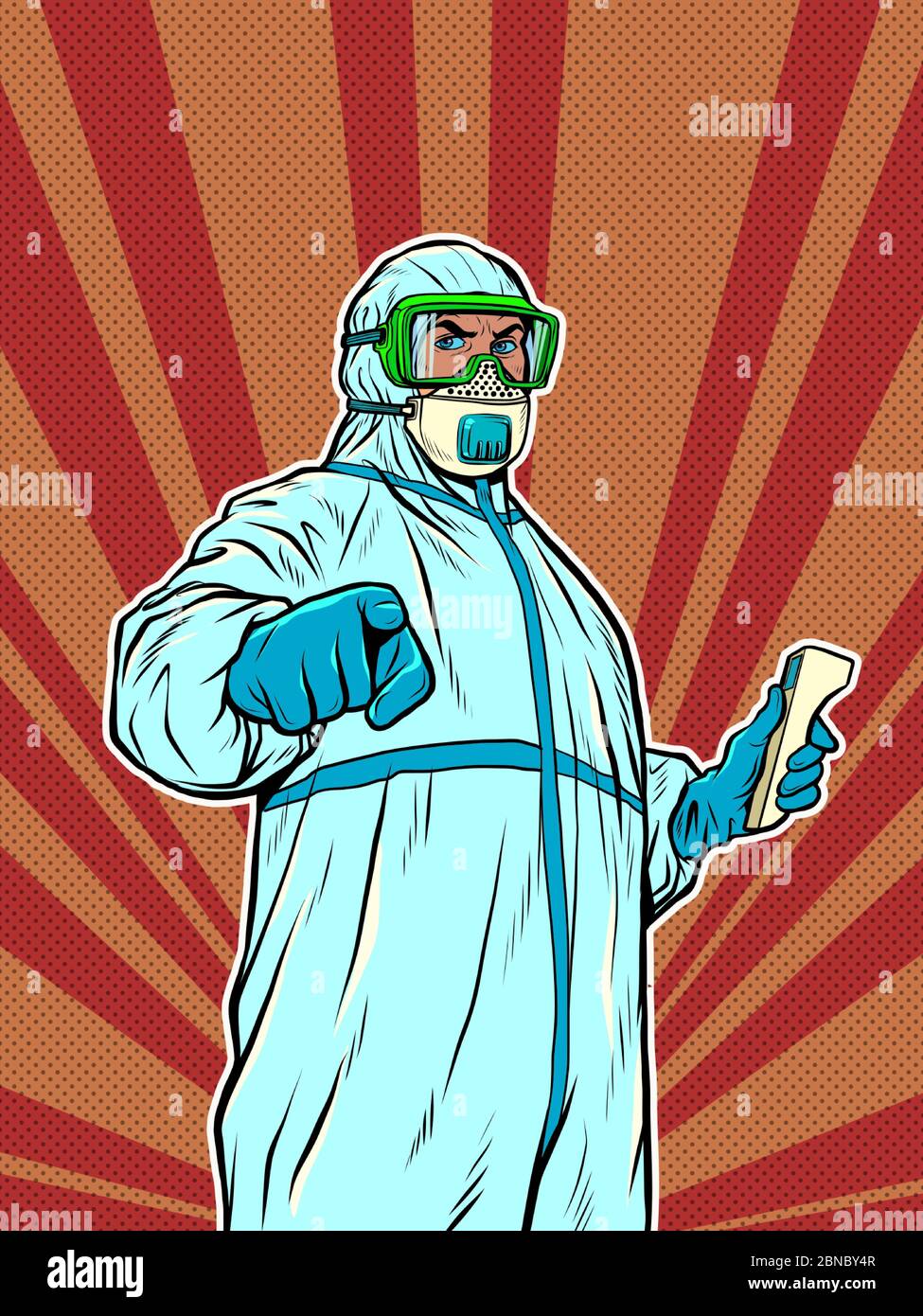 A doctor in a full protection suit with a thermometer. Epidemic coronavirus covid19 Stock Vector