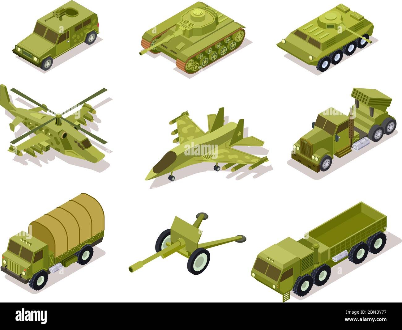 Armor weapon collection. Helicopter and cannon, volley fire system and infantry fighting vehicle, tank armored truck. Isometric vector. Army artillery, helicopter military and tank illustration Stock Vector