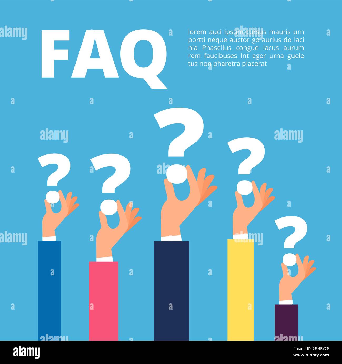 Faq concept. Businessman hands holding question marks. Quiz and online support vector illustration. Faq support, asking and solving Stock Vector