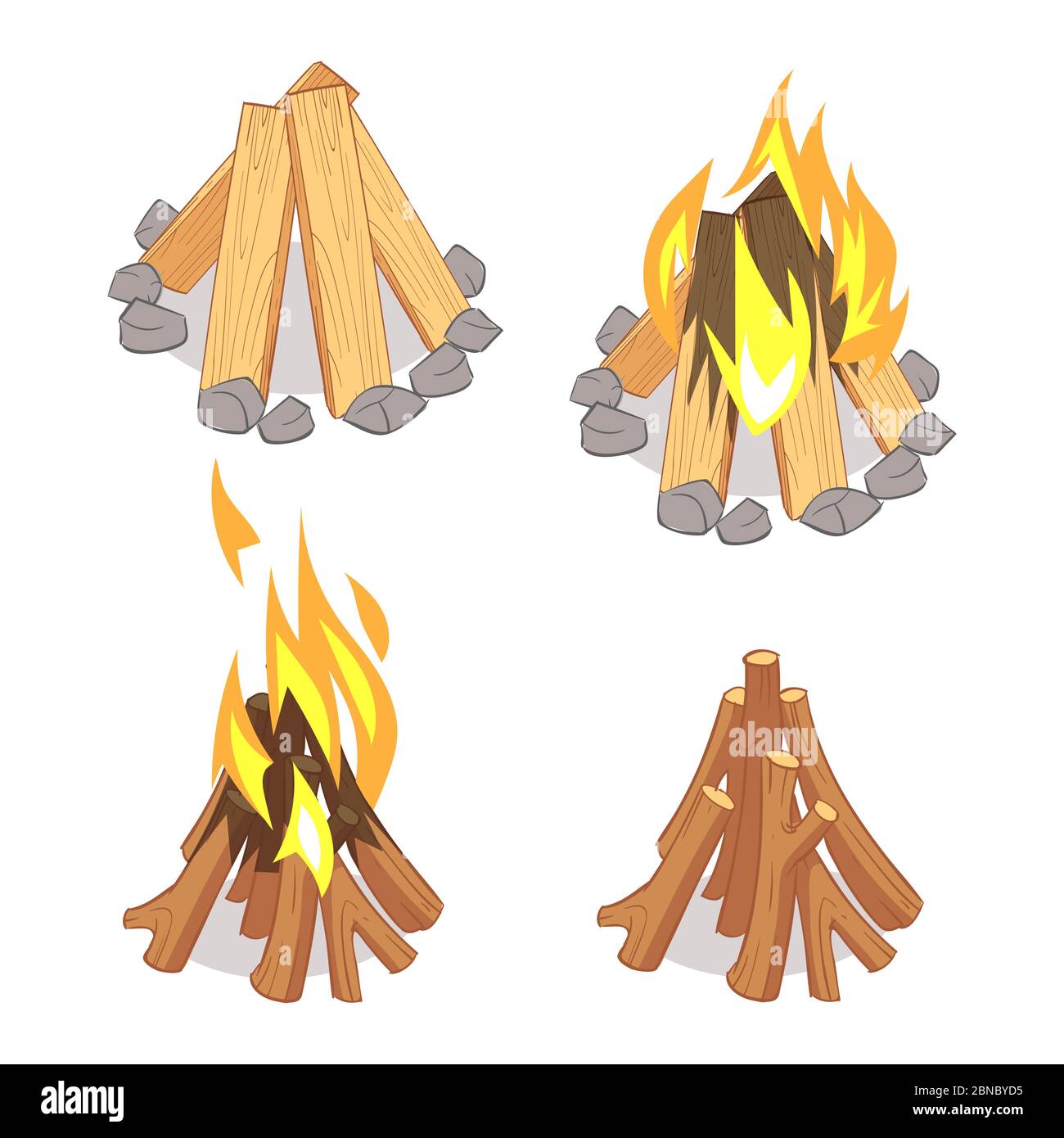 Cartoon character wooden logs and campfire isolated on white background. Illustration of campfire and firewood, camping bonfire Stock Vector