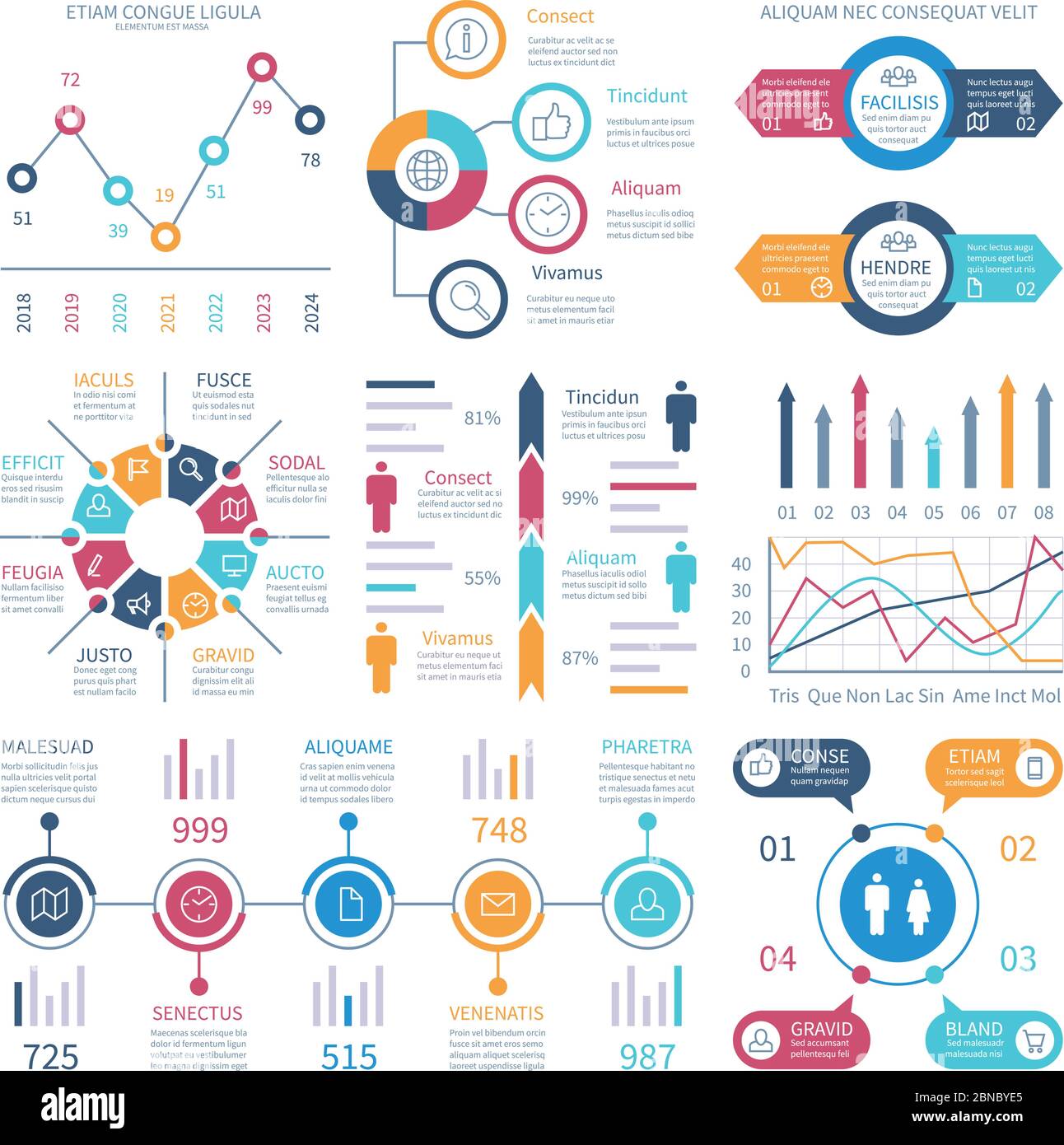 Infographic charts. Infochart elements, marketing chart and graphs, bar diagrams. Step and option process graph and timeline vector set. Illustration of chart and graph bar, infographic and infochart Stock Vector