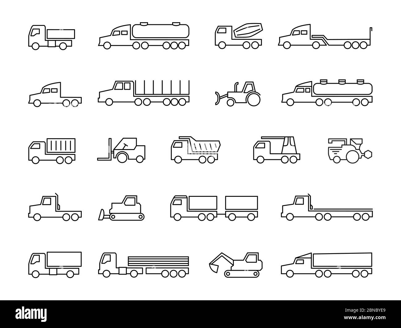 Construction machines. Trucks, tractors, delivery trailers, cargo trukcs, dumpers and heavy equipment line icons. Transportation construction machine, lorry and truck transport. Vector illustration Stock Vector