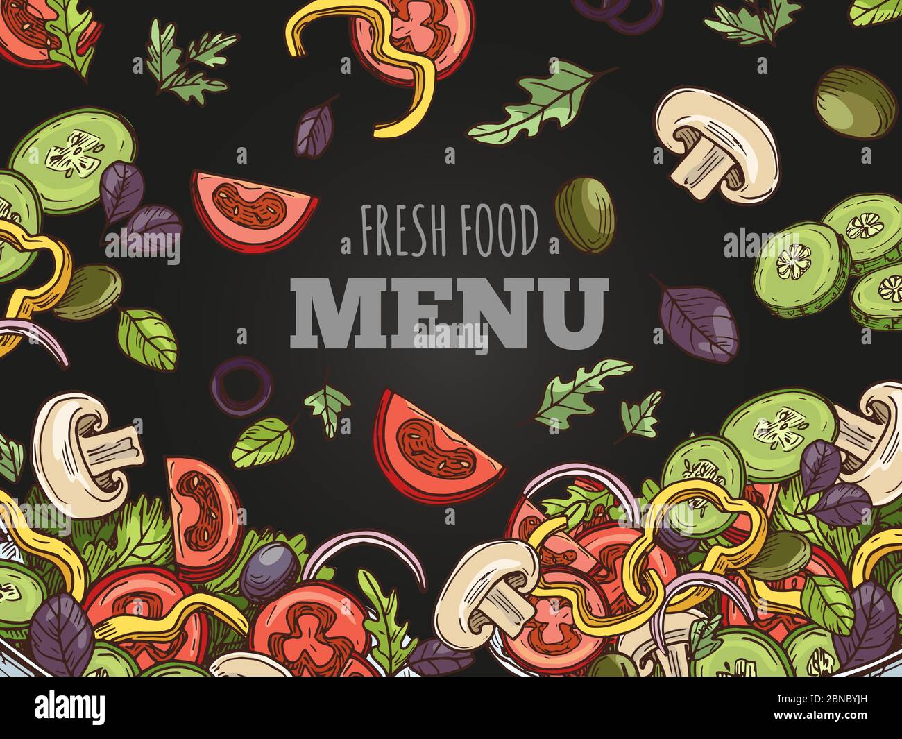 Fresh food menu cover vector template. Hand sketched vegan salad on chalkboard background. Illustration of sketch organic and vegetarian fresh vegetable Stock Vector