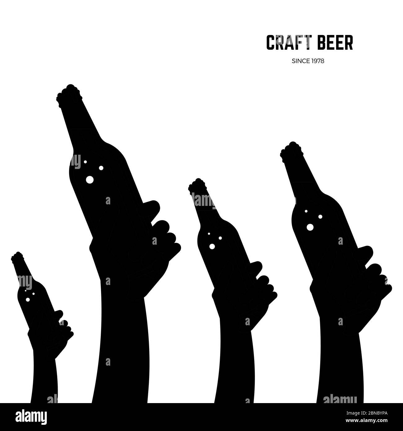 Hands with beer bottles black vector silhouettes isolated on white background illustration Stock Vector