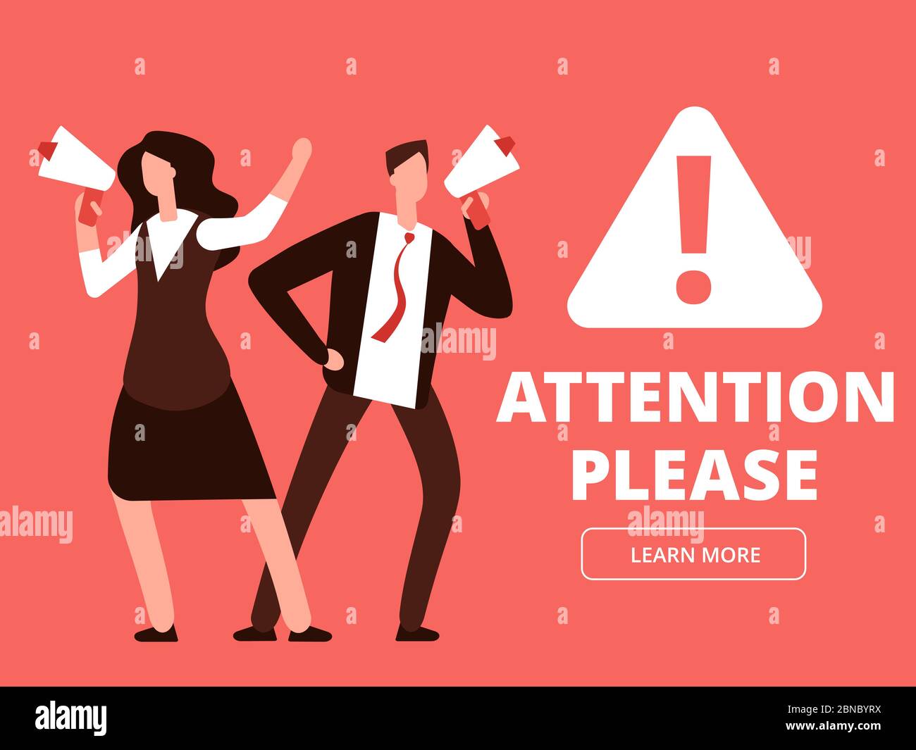 Attention vector banner or web page template with cartoon man and woman with megaphones. Illustration of attention please, man with megaphone and message Stock Vector