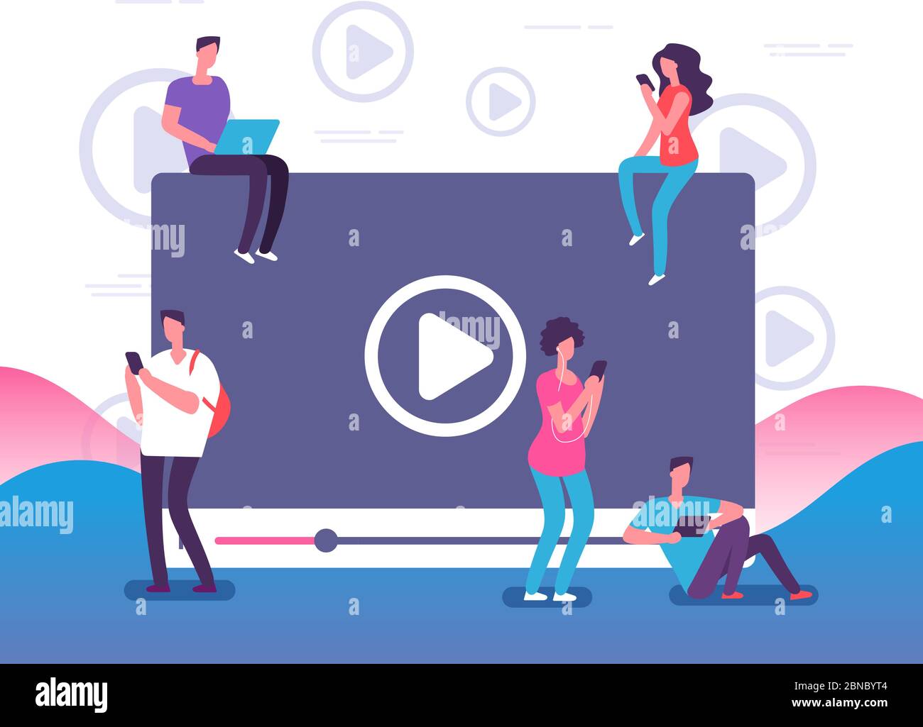 People watching online video. Digital internet television, web videos player or social media live stream vector concept illustration. Online video stream, play and watching movie Stock Vector