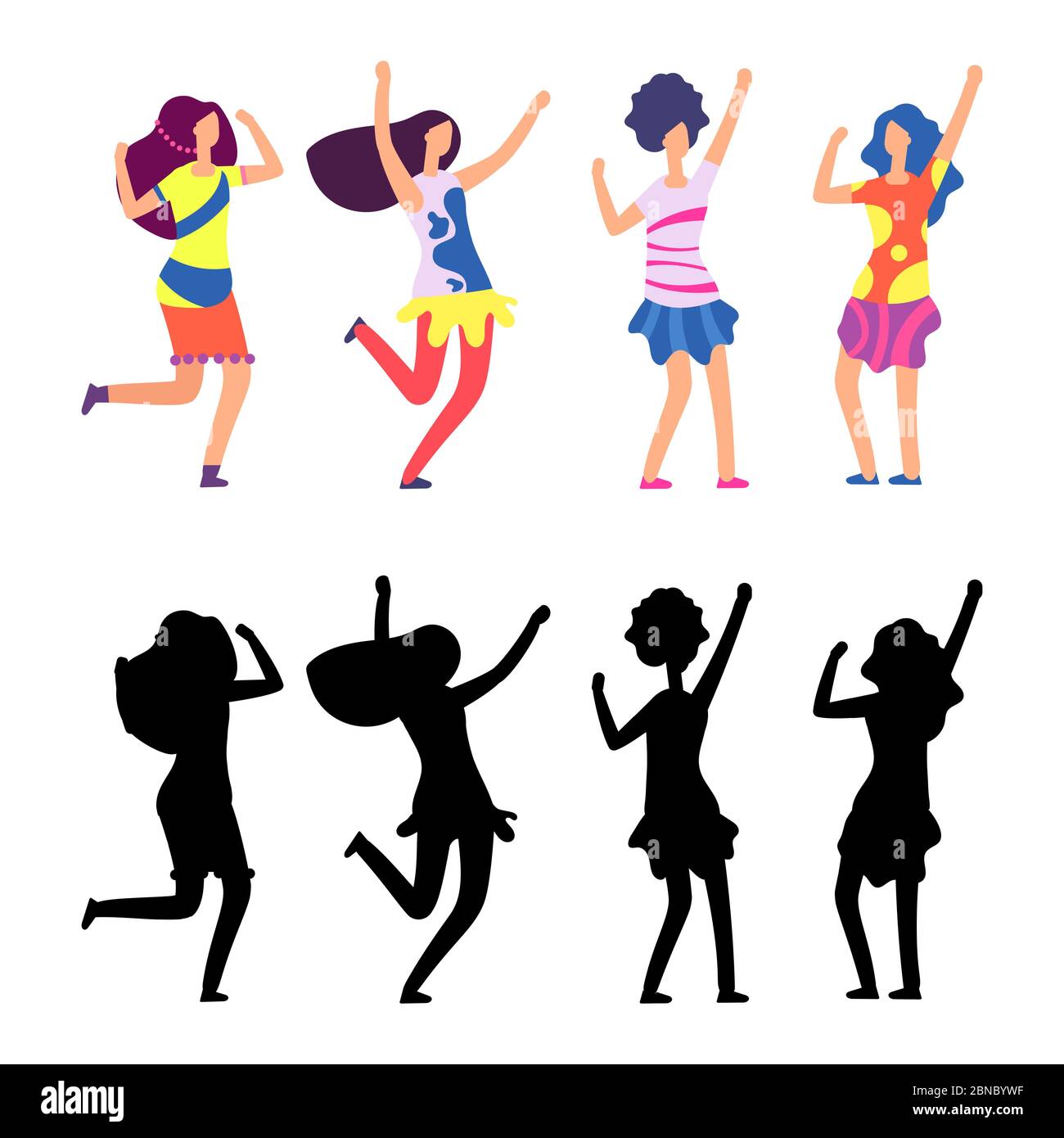 Happy women in bright clothes. Parade or hippie female cartoon character. Vector illustration Stock Vector