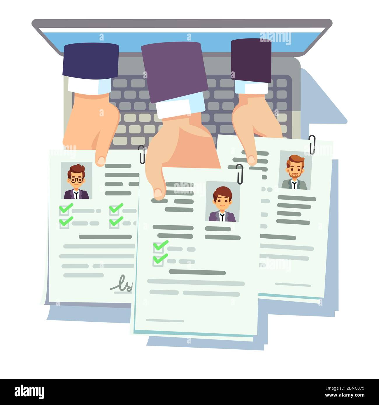 Job competition. Candidates hold cv resume. Online male cv application. Vector recruitment and employment, human interview illustration Stock Vector