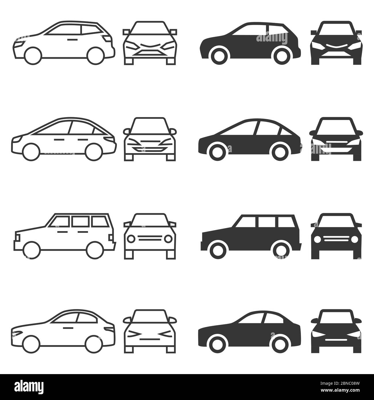 Front and side view car icons - line and silhouette cars isolated on white background. Vector illustration Stock Vector