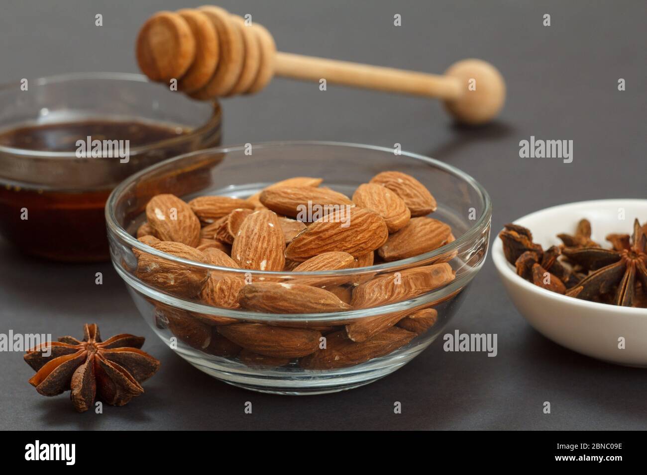 Health remedy foods for cold and flu relief with almond nuts, honey and