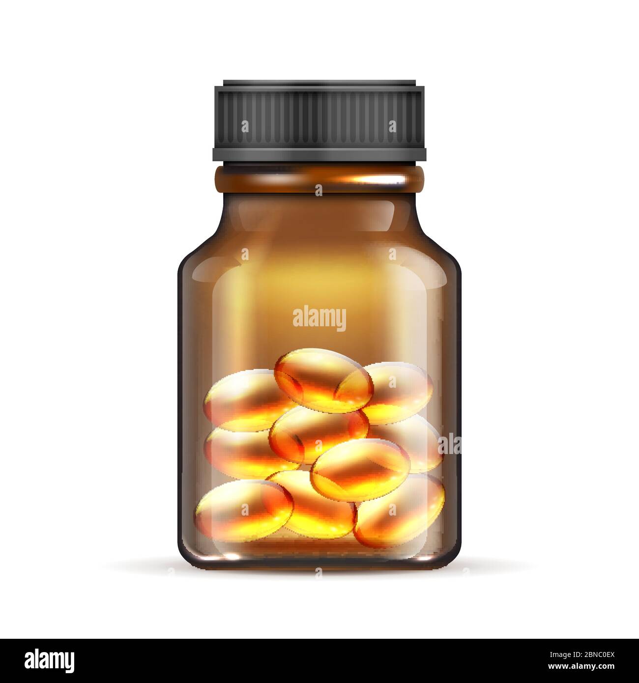 Realistic brown glass bottle with fish oil, omega 3 vitamin capsules isolated on white background. Glass bottle with fish oil tablet. Vector illustration Stock Vector