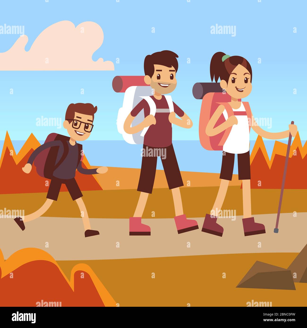 Happy family hikers. Dad, mom and son make autumn trekking outdoor adventure, vector concept illustration Stock Vector