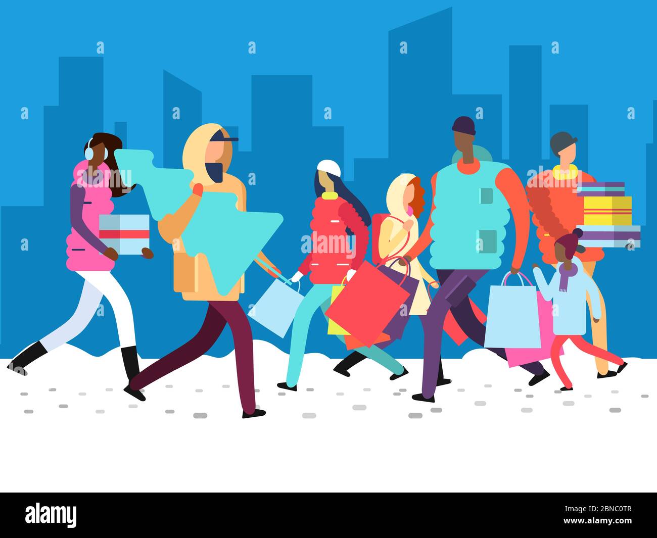 People on winter holiday. Person carrying shopping bag, gifts and christmas tree on big city street. Woman and man shopping xmas, customer and shopper. Vector illustration Stock Vector