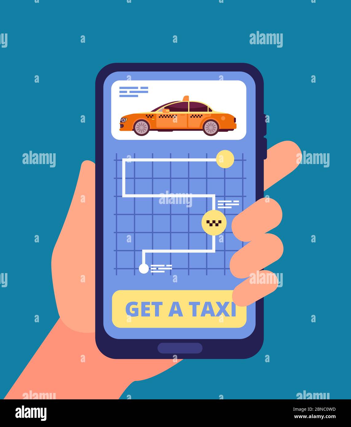 Taxi app concept. Hand holding smartphone with taxi application vector illustration. App mobile taxi service, online travel cab Stock Vector